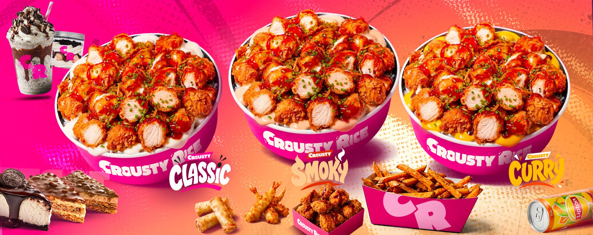 Les bols Crousty Rice : Le Classic, Le Smoky et Le Curry, avec sides, milkshake et desserts