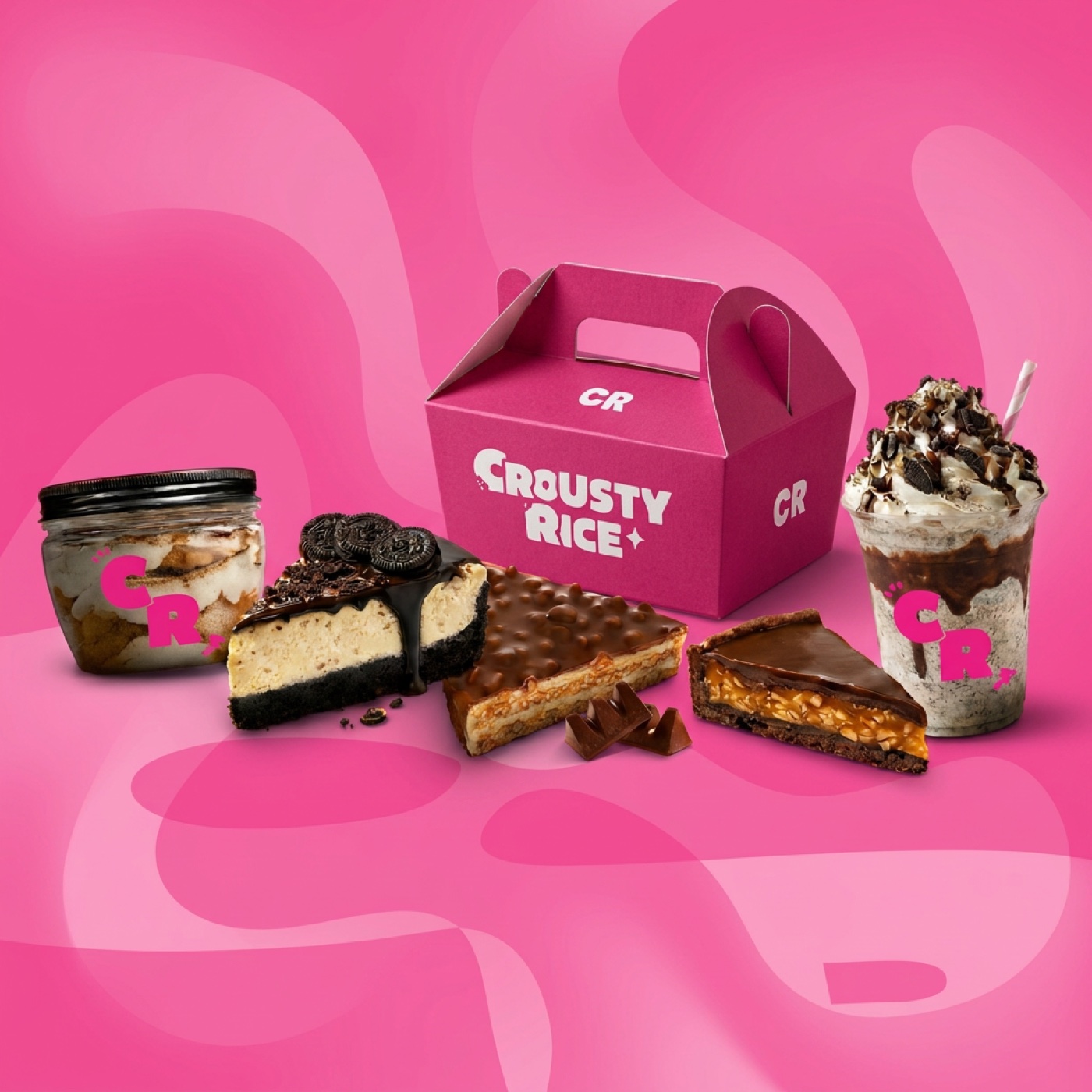 La gamme desserts Crousty Rice : tiramisu, cheesecake Oreo, tarte Toblerone, tarte au Daim et milkshake