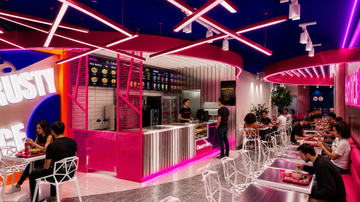 Comptoir Crousty Rice avec menu board et néons magenta