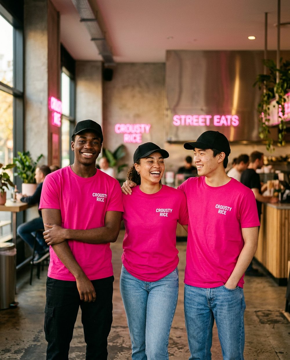 L'équipe Crousty Rice en t-shirts roses dans le restaurant
